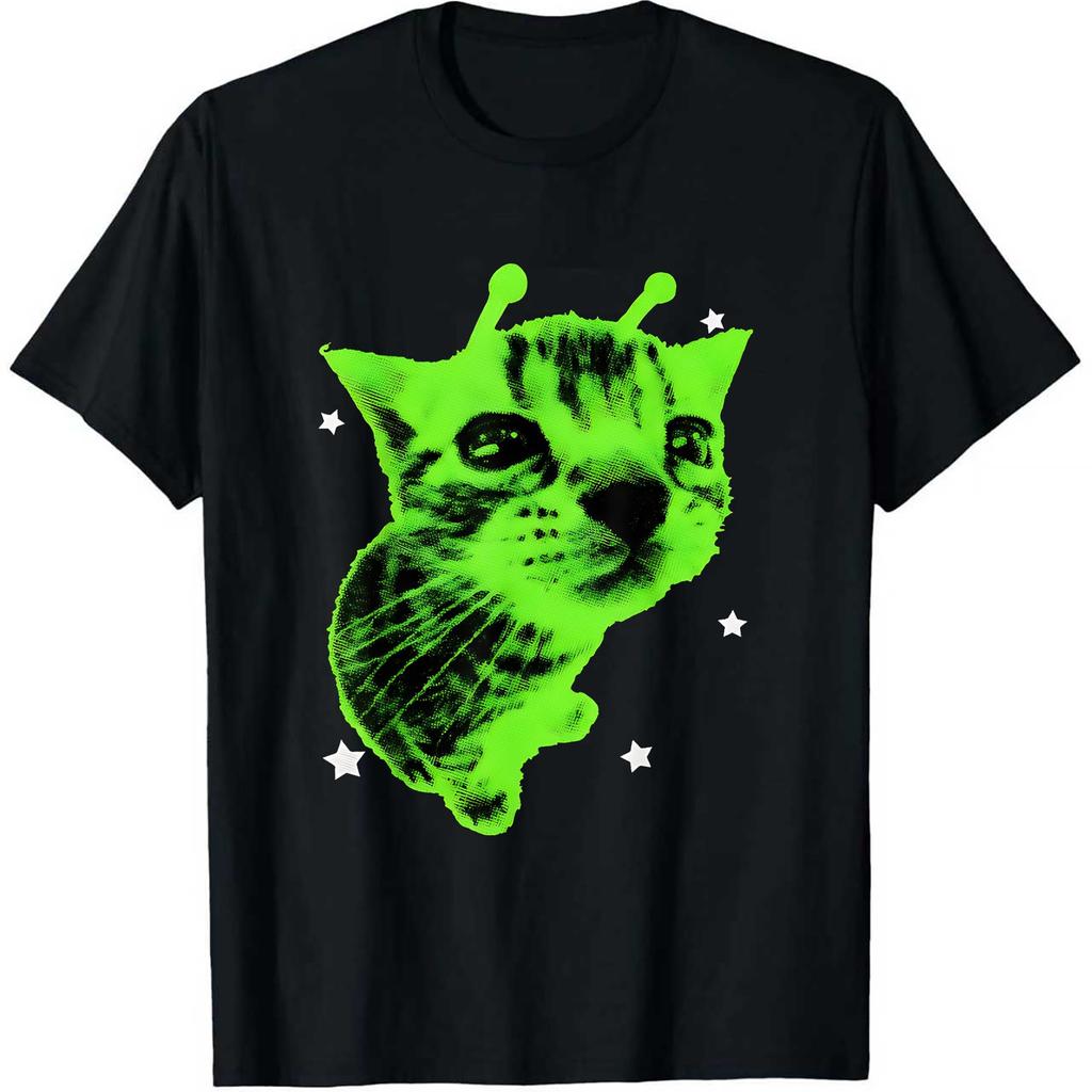 Y2k Alien Cat Meme TShirt Retro Retro Fun Cat Slogan Print Loose Casual TShirt Theme Party