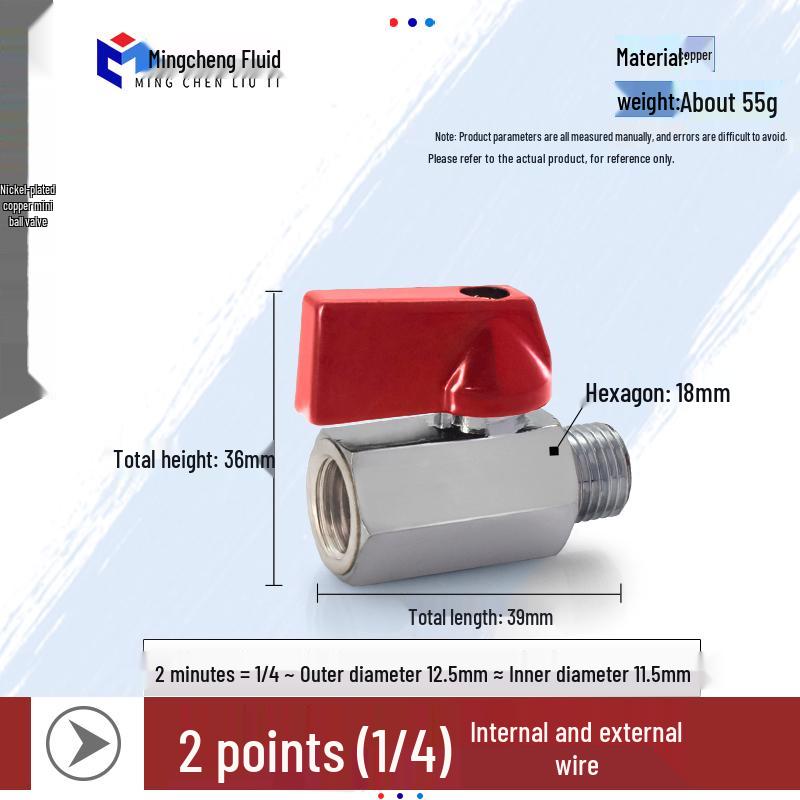 Compact Ball Valve with Double Male/Female Thread, Sizes 1/4", 3/8", 1/2", Pneumatic Polished Electroplated Switch Valve Accessory.