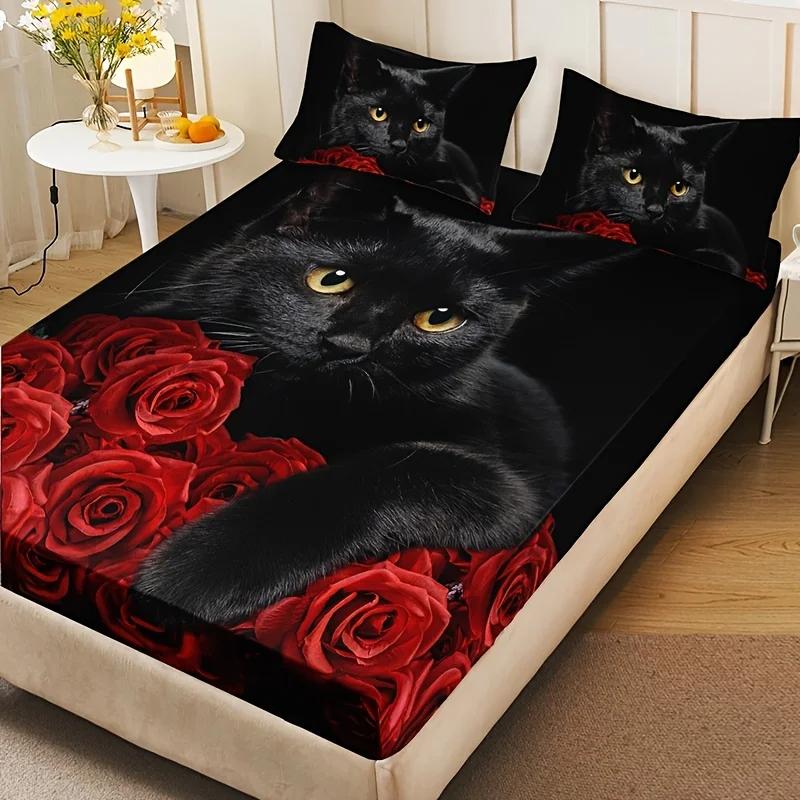 Breathable Black Cat and Red Roses Bedding Set Polyester Animal Print Sheet Pillowcase Sets with Fitted Sheet and Pillowcases