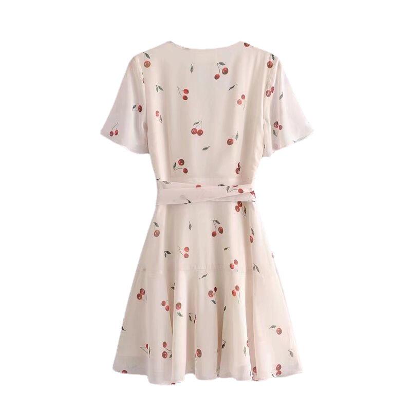 Платье YPFF French Retro Cherry Print с V-образным вырезом и оборками