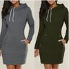 Spring And Autumn Ladies Knee-Length Dress Hooded Warm Sweatshirt Long Sleeve Camp Collar Pocket Simple Casual Sports Dress