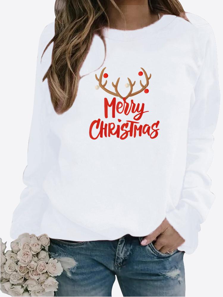 Женская рождественский подарок, осенне-зимняя повседневная модная однотонная футболка с круглым вырезом и длинным рукавом с принтом, свободная блузка, топы