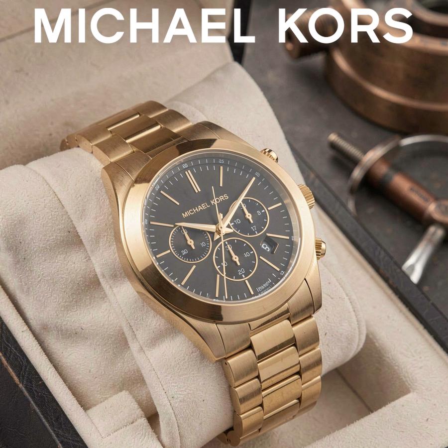 MICHAEL KORS Slim Runway Men's Quartz Chronograph Watch Black Dial Gold-Tone Steel Bracelet 44mm MK1076