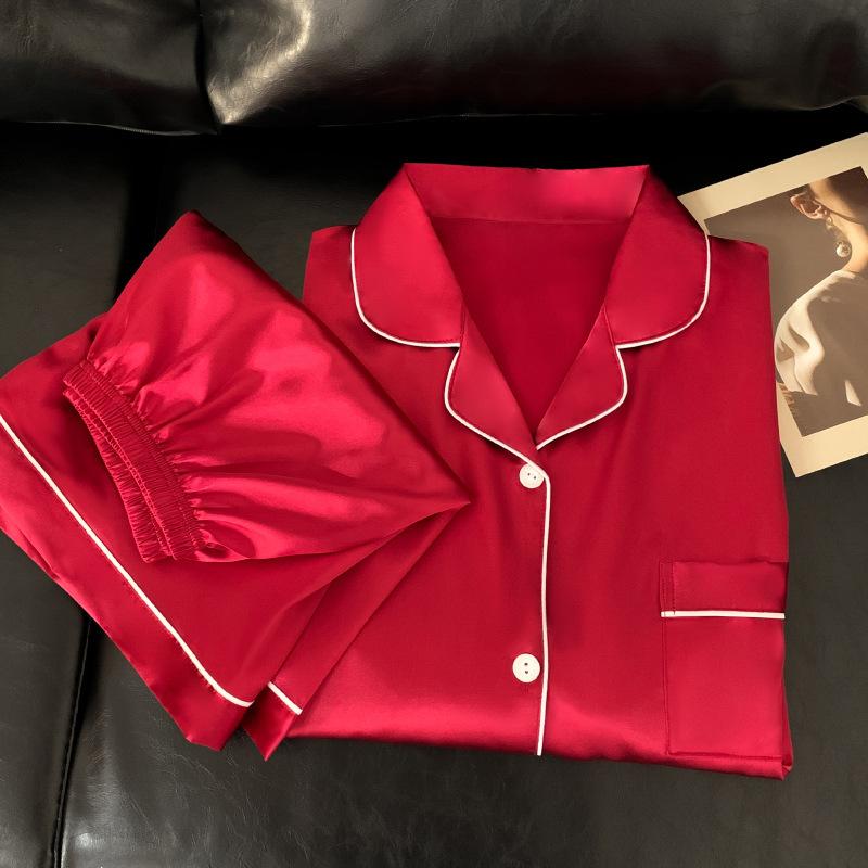 Cool Imitation Silk Pajamas Women'S Summer Short-Sleeved Shorts Gorgeous Loungewear Set
