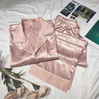 Весенняя женская пижама Ice Silk Домашняя одежда Длинные рукава Длинные брюки Ночная одежда Домашняя одежда с принтом в форме сердца Женская пижама
