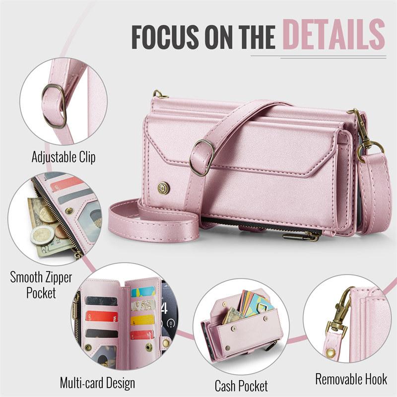 Long Lanyard Flip Leather Phone Case for iPhone 17 Pro Max Air 16E 16 Plus 15 14 13 12 11 X XS XR SE 2022 8 Zipper Wallet Multi Card Slot Holder Cover