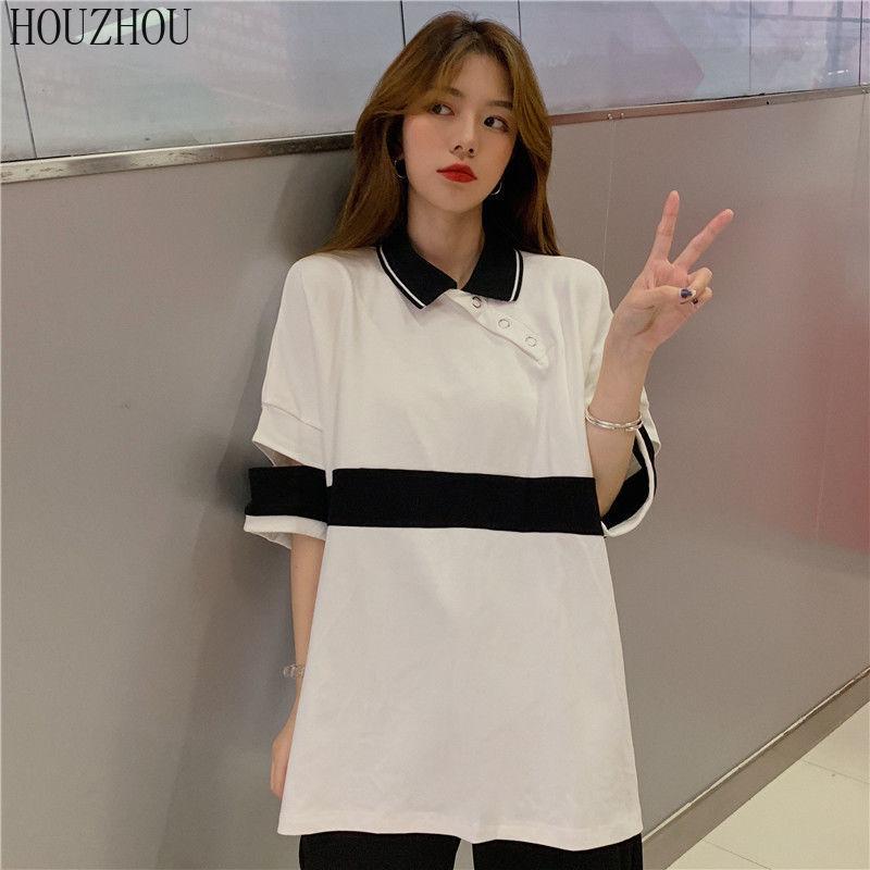 HOUZHOU Футболка ПОЛО женская летняя корейская свободная с коротким рукавом полая корейская шикарная повседневная оверсайз