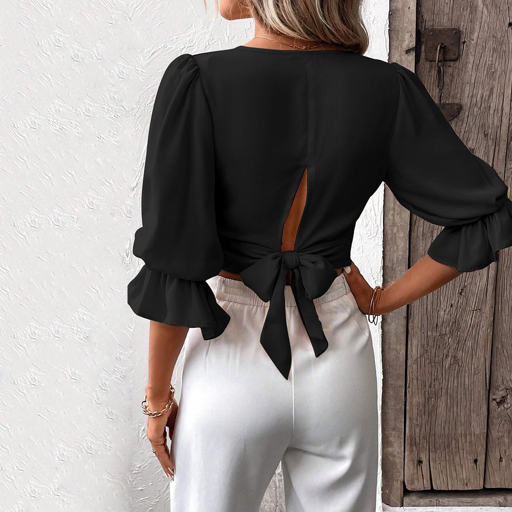 JKAASHDK Женские модные повседневные однотонные блузки и рубашки с v-образным вырезом, весна-лето с рукавами 1/2 и v-образным вырезом