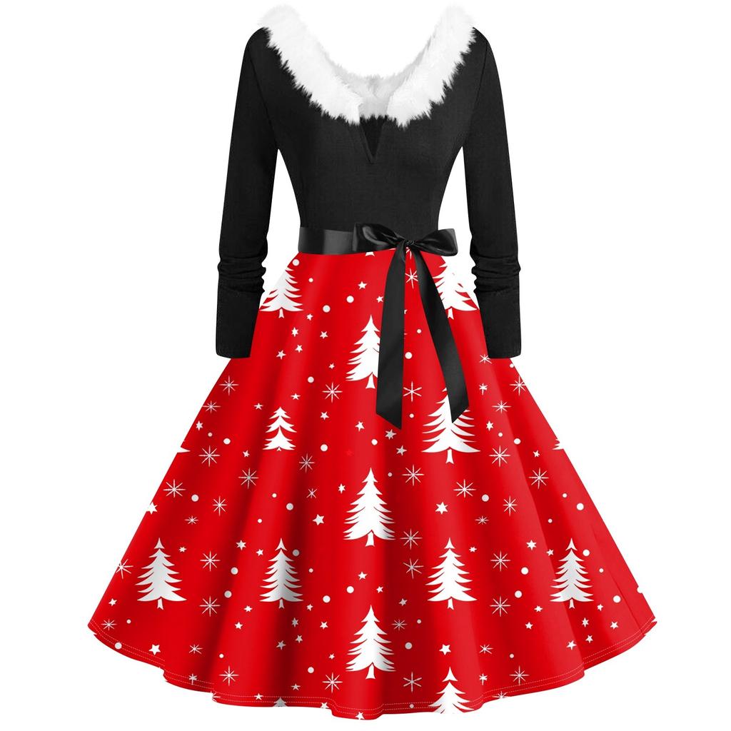 Women's Casual And Fashionable Long Sleeved V-neck Christmas Print Matching Zipper Dress