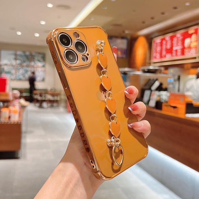 Мягкий браслет с сердечком, чехол для телефона iPhone 11 12 13 14 Pro Max XS X XR 7 8 Plus Mini SE, гальванический бампер, задняя крышка