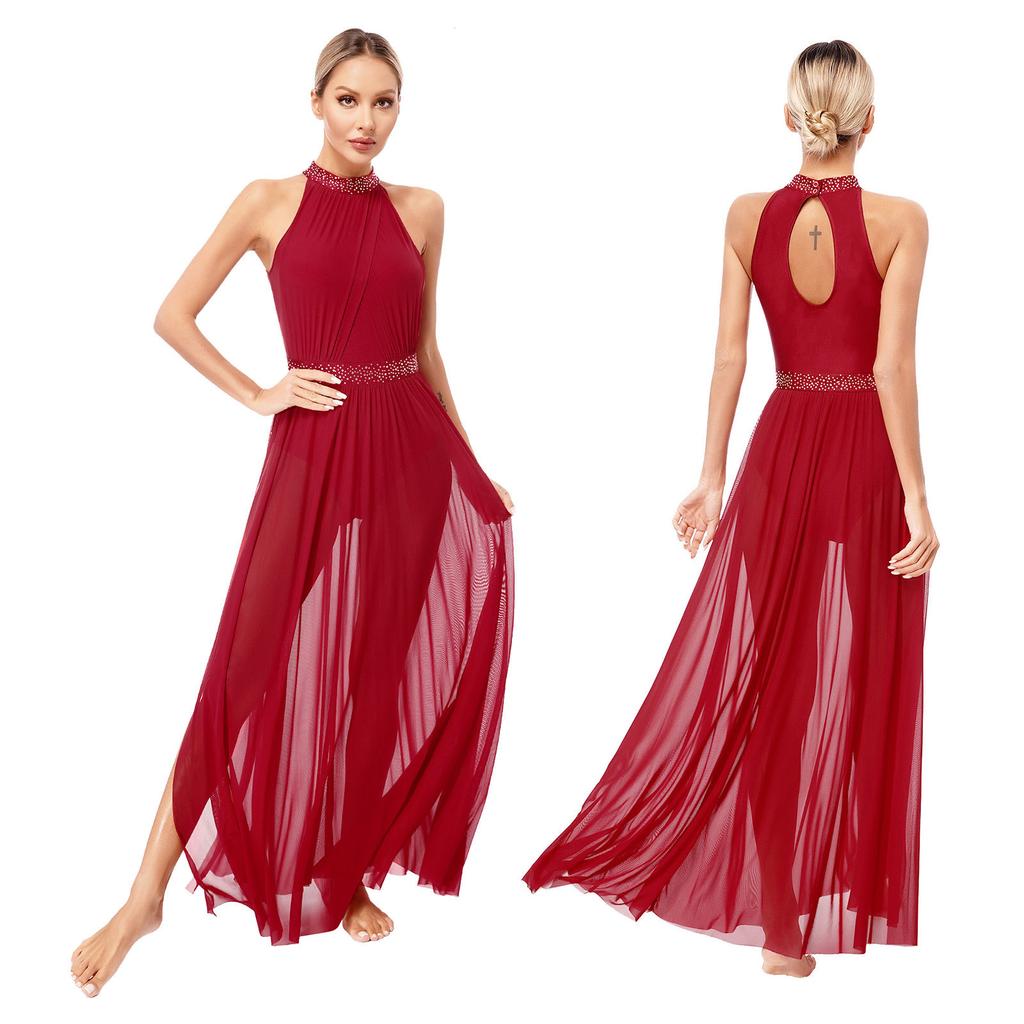 Women's Sleeveless Mesh Side Split Lyrical Dance Costume Modern Dancewear Maxi Long Dress
