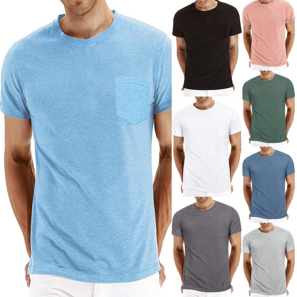 Men's Summer Comfortable Solid Color T-Shirt Short-Sleeved Pocket Round Neck Top