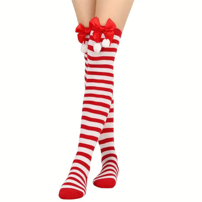 Women with Bow Accent for Women Girls Christmas Socks Knee-High Over-the-Knee Elegant Red & Green Striped Long Socks