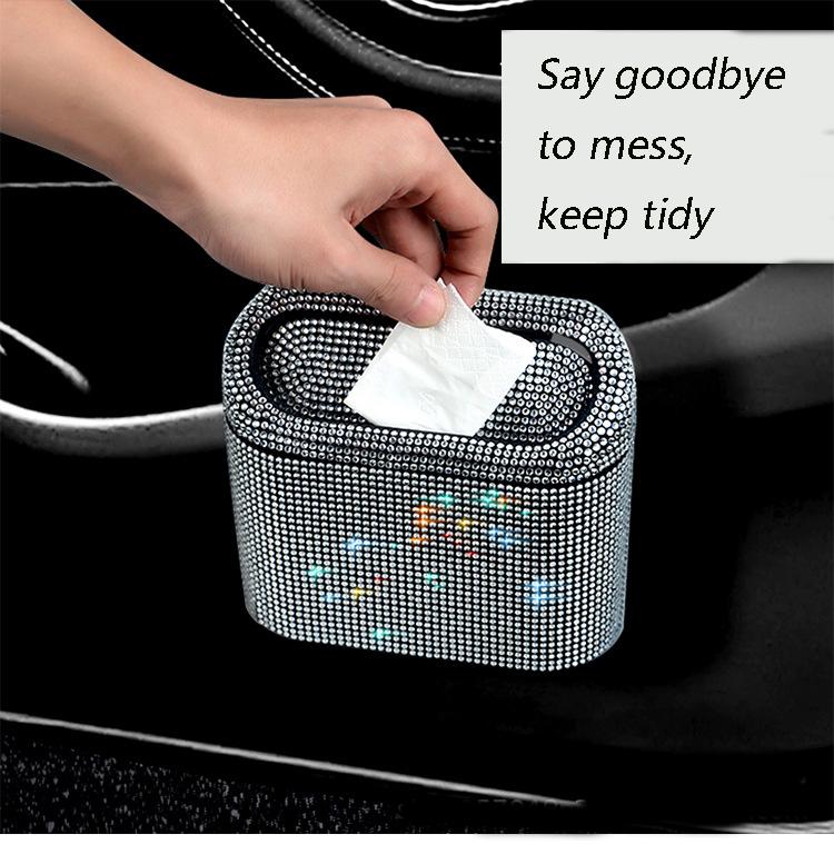 Luxury Diamond Car Trash Can Rear Seat Hanging Trash Can Storage Box Storage Box Bling Diamond Car Trash Can With Lid