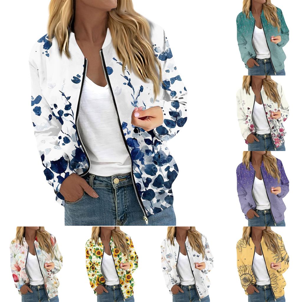 Women's Fashionable Casual Long Sleeve Print Round Neck Zipper Jacket