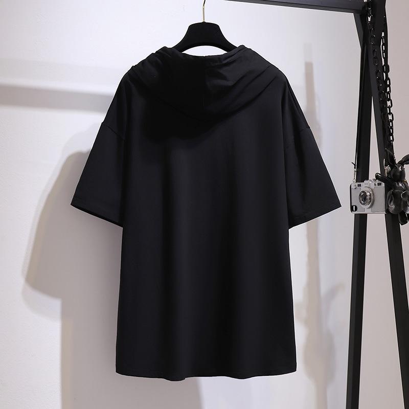 Женская рубашка большого размера 2XL ~ 6XL, топ с капюшоном, корейская версия, свободная футболка с короткими рукавами, женская одежда больших размеров
