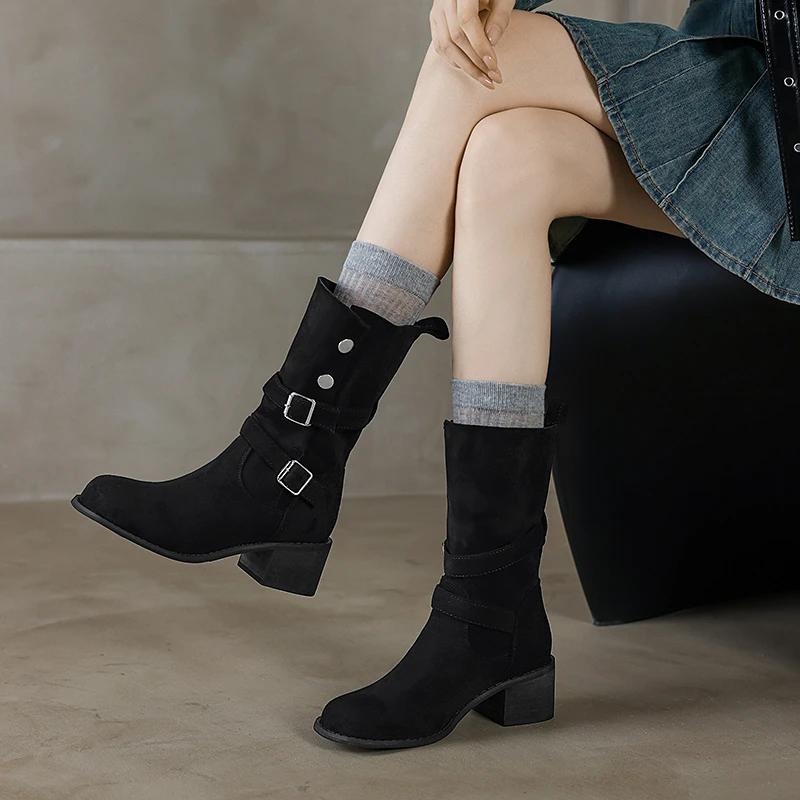Fashionable Belt Buckle Retro Mid-calf Boots 2024 New Versatile Autumn Thick Heel Western Women's Leather Knight Short Boots