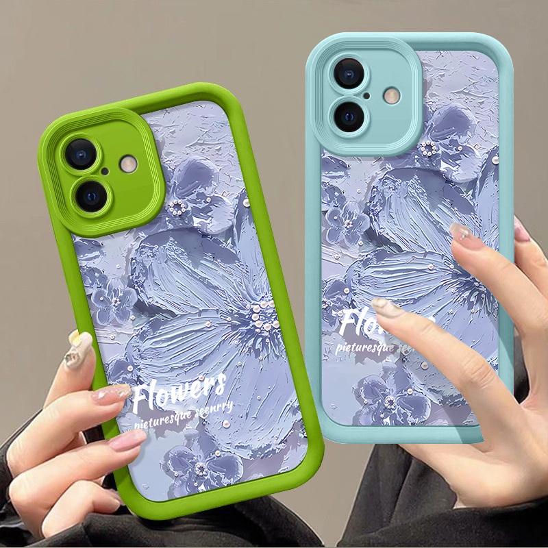 Мягкий чехол для телефона из термополиуретана конфетного цвета для iPhone 16 Pro 15 14 Plus 13 12 11 Pro Max Xs Xr 8 7, противоударный, рельефный, с синим цветочным узором, защитная крышка для объектива