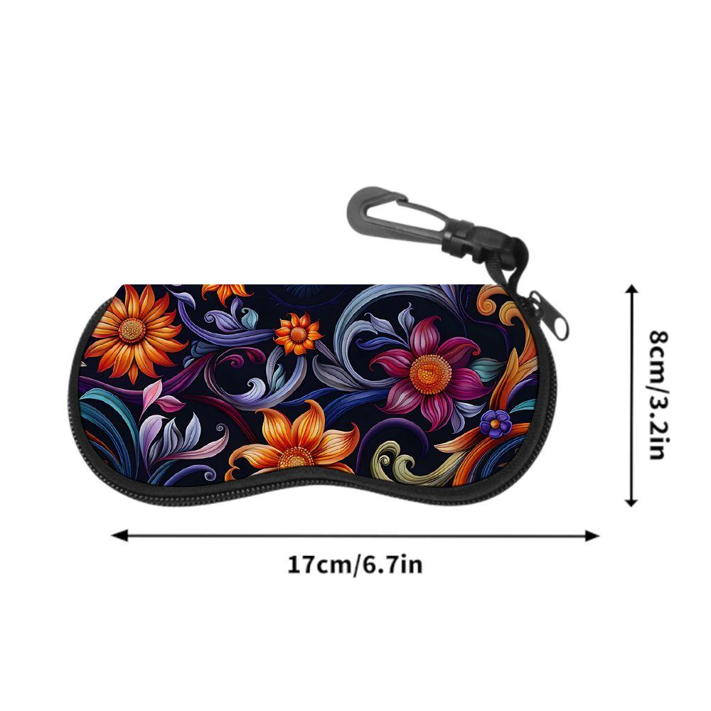 2D-Vintage Floral Pattern Protective Zipper Sunglasses Case, Decorative Bohemian Flower Print Eyeglasses Holder, Portable Travel Accessory for Women
