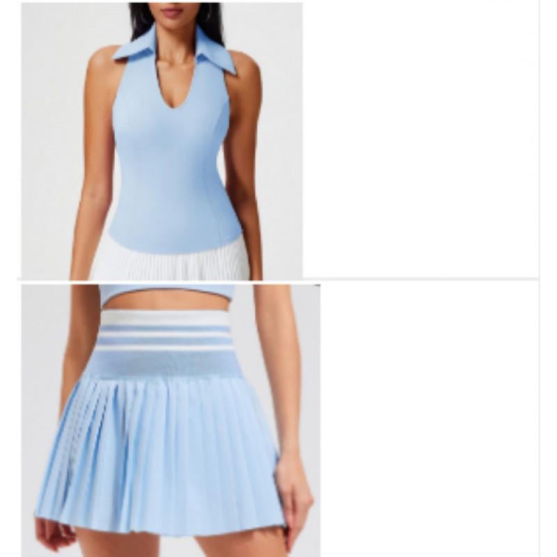 Womens Sporty Tennis Skirt Set With Built-in Bra Top Running Yoga Badminton Fitness Workout
