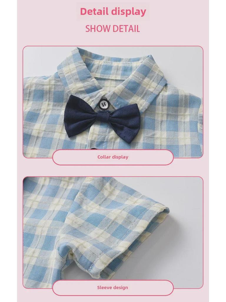 Летний хлопковый костюм джентльмена для мальчика: Корейский стиль, двухкомпонентный, с коротким рукавом