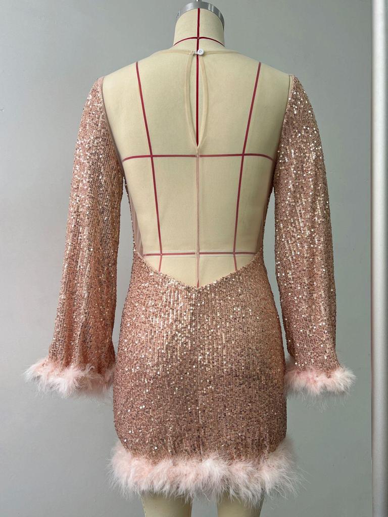 Осеннее вечернее платье с пайетками и перьями, с длинными рукавами и открытой спиной - Дизайн с облегающим талию коротким подолом для женщин