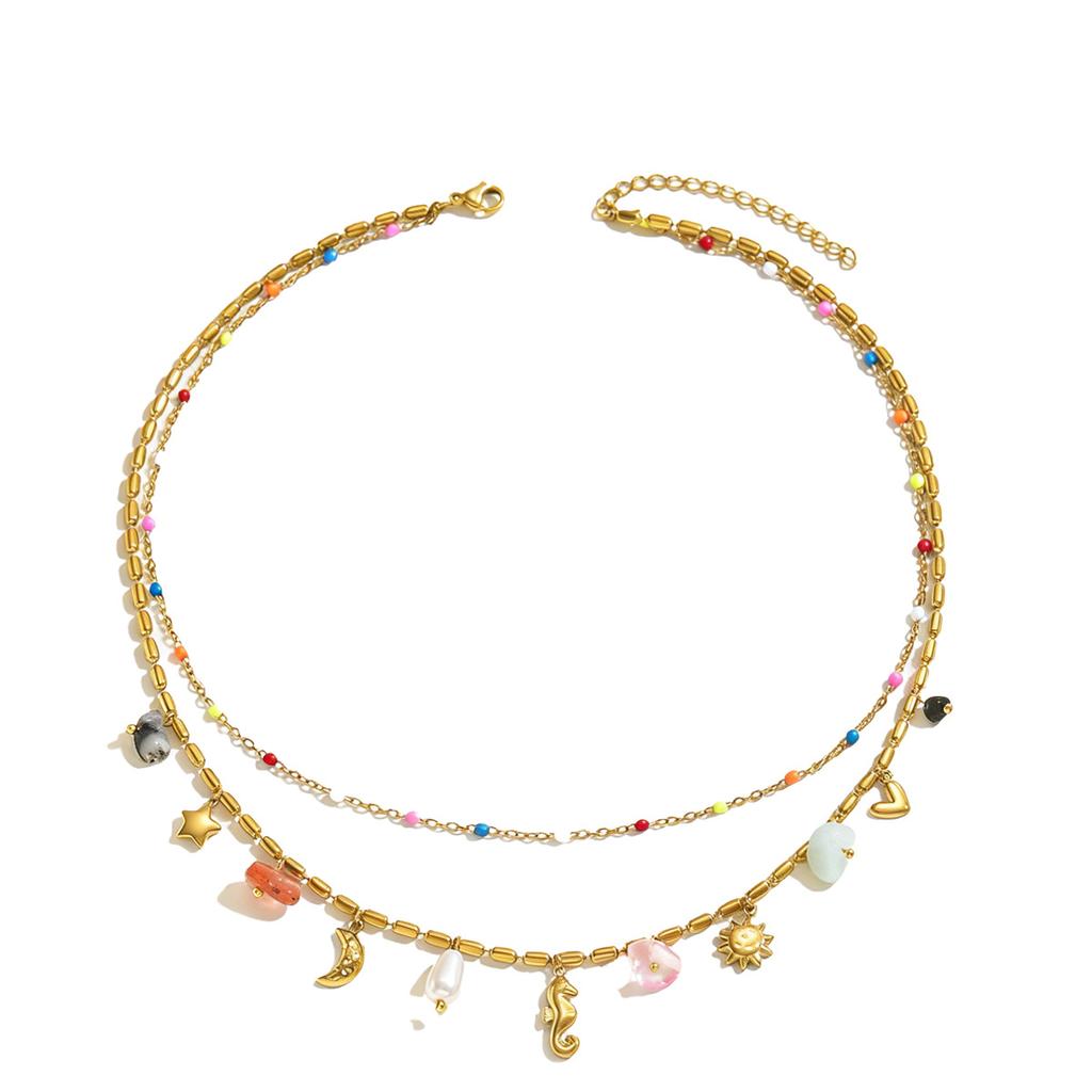 Geometric Ocean Style Necklace Heart Seahorse Multi-Layer Rhinestone Pendant Jewelry for Women