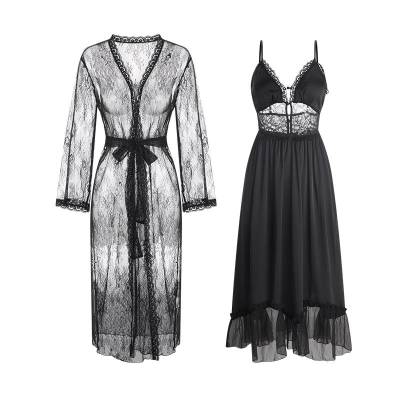 Women's Sheer Mesh Padded Push Up Long Cami Dress with Robe Lounge Set