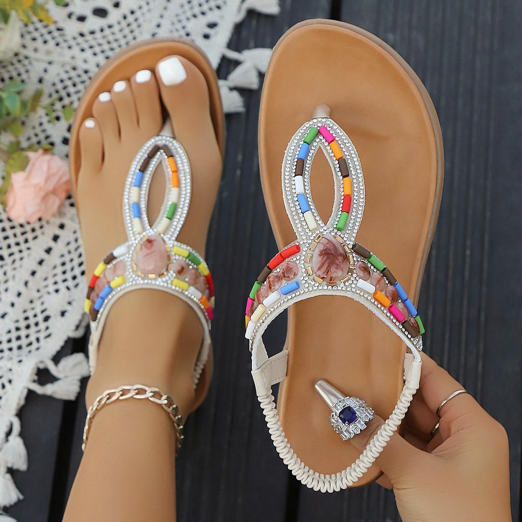 Fashion Summer New Boho Soft Sole Clip Toe Sandals Women's Fashion Round Toe Rhinestone Beaded Non-slip Wear Flat Roman Shoes
