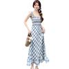 Sweet and Gentle Wind Plaid Suspender Dress Women's Summer New Vintage Sleeveless Waist Coffee Break Medium and Long-cut Dress