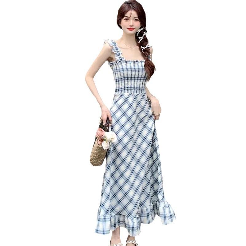 Sweet and Gentle Wind Plaid Suspender Dress Women's Summer New Vintage Sleeveless Waist Coffee Break Medium and Long-cut Dress