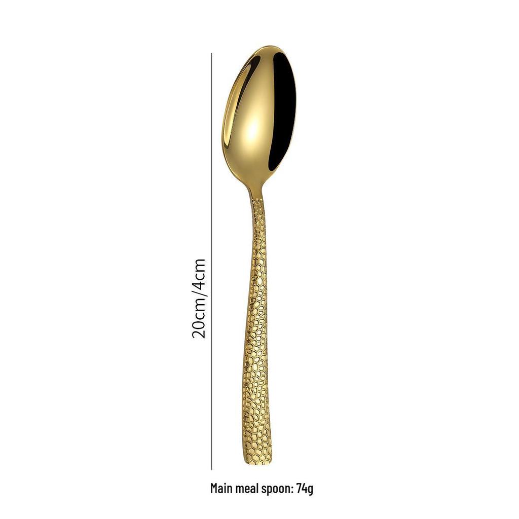 Gold-Plated Hammer Pattern Cutlery Set - 5-Piece Square Handle Stainless Steel Knife, Fork & Spoon Set