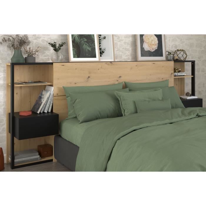 PARISOT Headboard with Shelves + Integrated Bedside Tables - Oak and Black Decor - L 255 X D 36 X H 103 Cm - WHITE