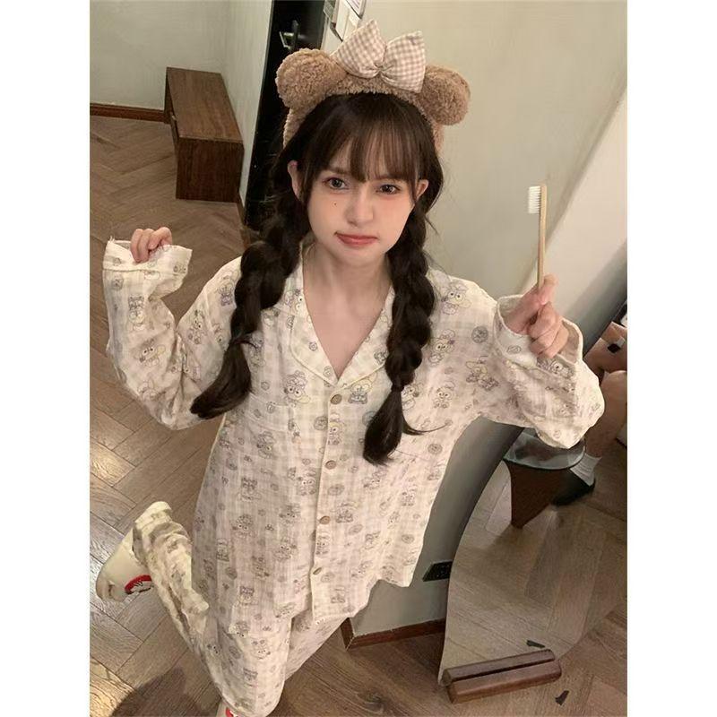 Korean version of blue leopard print Kitty cat pajamas women's spring and autumn long-sleeved trousers ins style suit beautiful girl loungewear