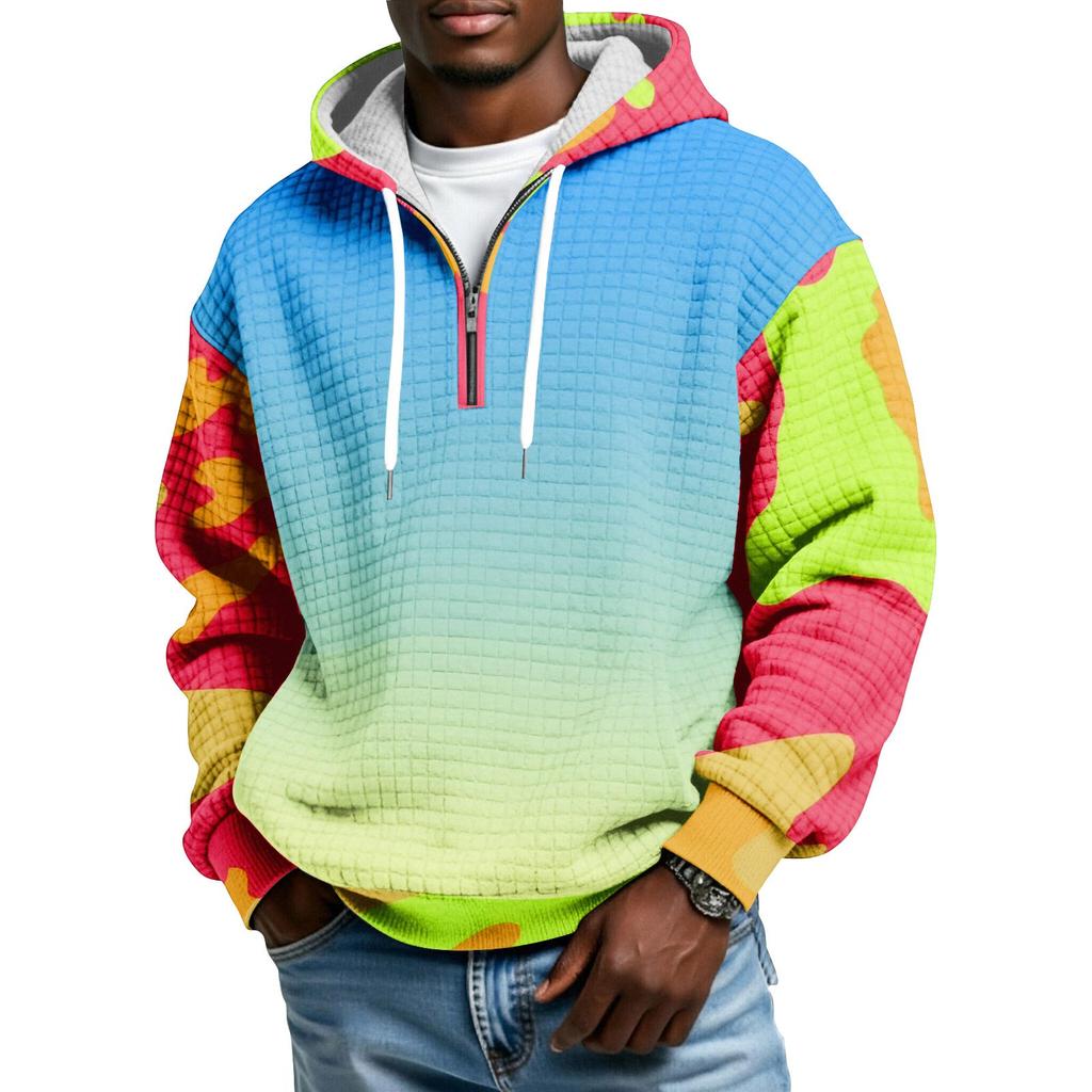 Мужской худи-пуловер в клетку с капюшоном на молнии до середины, со шнурком и принтом, повседневная спортивная толстовка
