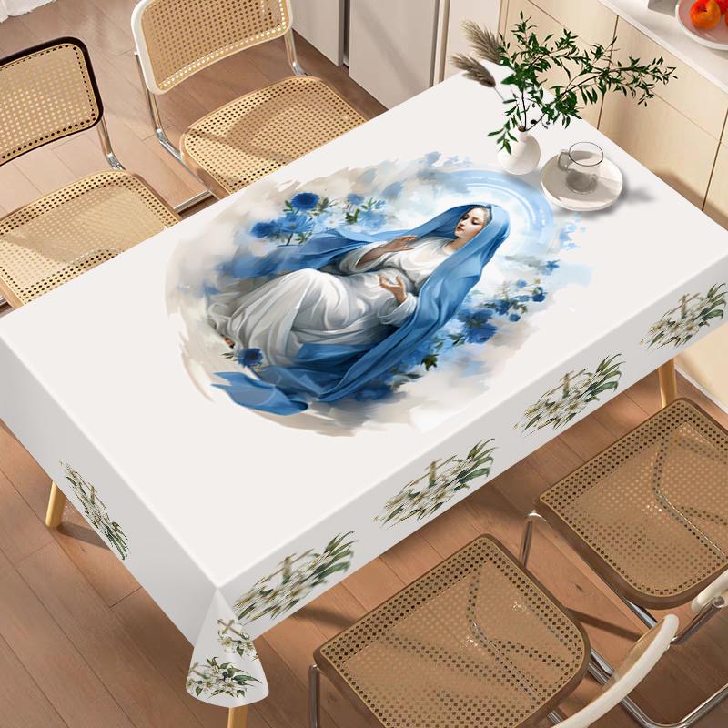 1pc Polyester Tablecloth, Oil Painting Style Easter Print Tablecloth, Virgin Mary Tablecloth, Fashionable Tablecloth, for Home Dining Room Party Decor