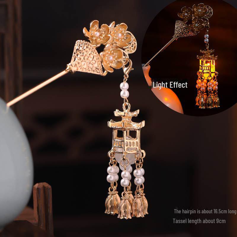 Заколка-фонарик со светящейся кисточкой для фестиваля середины осени — аксессуар для пучка в стиле дворца Западного озера