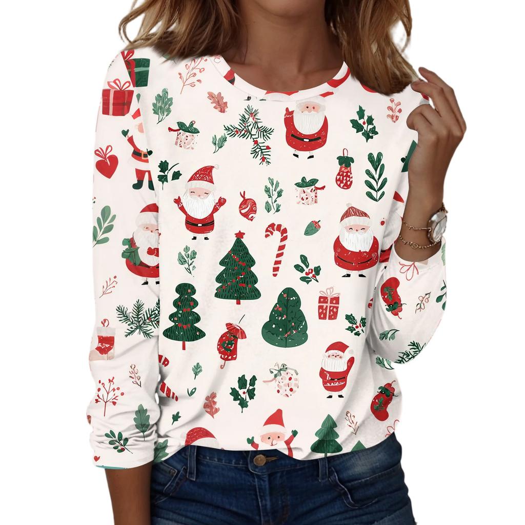 Women's Fashion Casual Christmas Printed Round Neck Long Sleeve Pullover Top