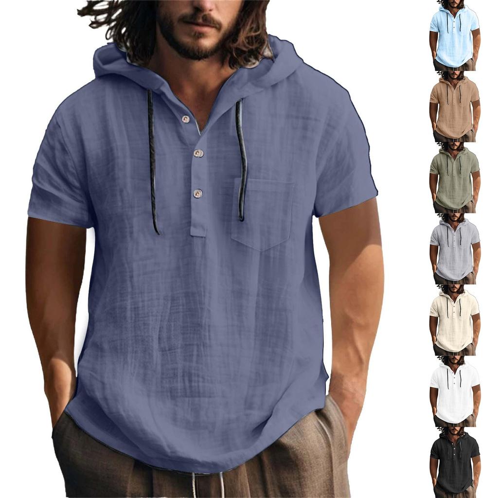 Мужская летняя хлопковая конопляная хлопковая тонкая повседневная однотонная свободная куртка с капюшоном и коротким рукавом