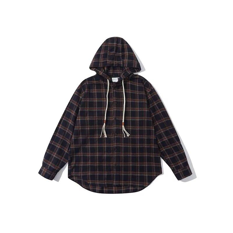 Рубашка с капюшоном и длинными рукавами в клетку в японском стиле в стиле Гонконга, свободная рубашка для мальчиков, летнее модное универсальное повседневное пальто