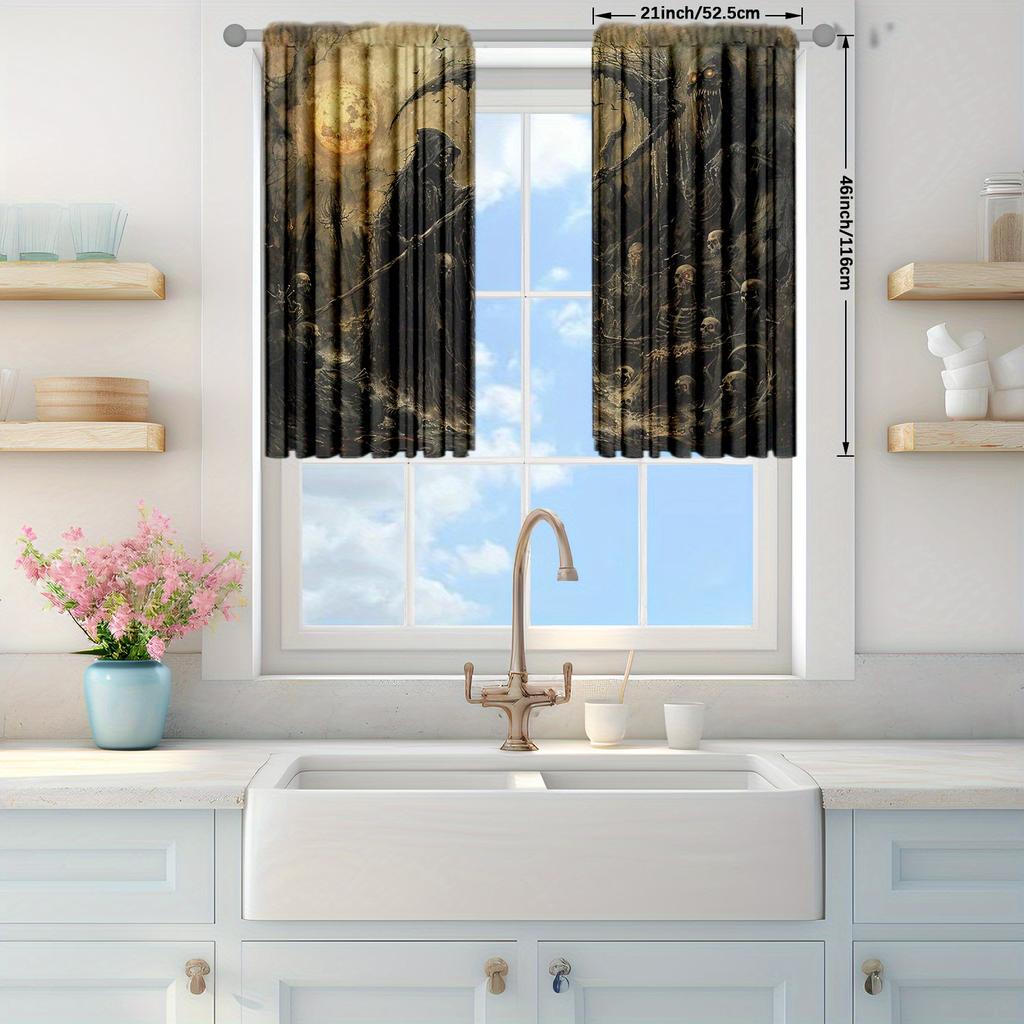 2pcs Death Skull Print Curtain for Home Decor - Rod Pocket Window Treatment for Bedroom, Office, Kitchen, Living Room, and Study
