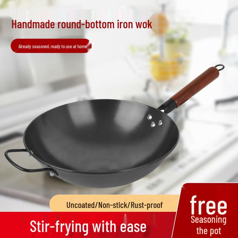 Чугунный вок с круглым дном Jiuhuang с антипригарным покрытием - Без покрытия, Защищен от ржавчины, Не требует приправ