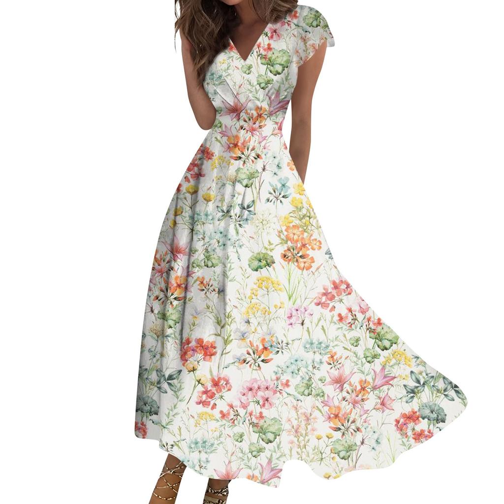 Женское длинное платье Макси-платье Повседневное платье Летнее повседневное платье с короткими рукавами и v-образным вырезом в стиле бохо с талией и принтом