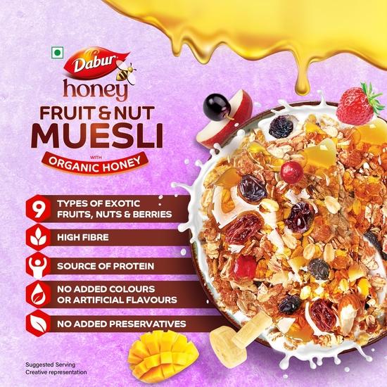 Dabur Honey Fruit & Nut Muesli with Organic Honey - 750g | With Exotic Fruits, Nuts & Berries | No Aritificial Flavours, Preservatives & Colors