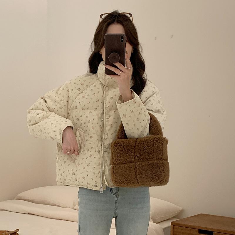 Милая маленькая цветочная куртка-стойка с воротником-стойкой, женская, 2024, новая свободная куртка-хлеб, короткая куртка
