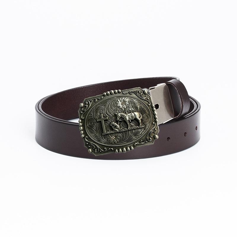 Ремень Western Cowboy Horse Cross из цельной коровьей кожи в винтажном стиле
