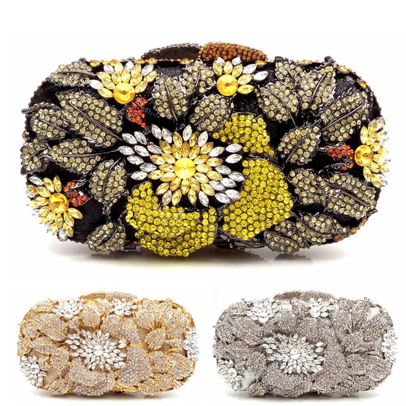 Floral Women Crystal Rhinestone Evening Bags Black Diamond Clutch Bag Wedding Bridal Clutches Gold Metal Handbag Purse Bags