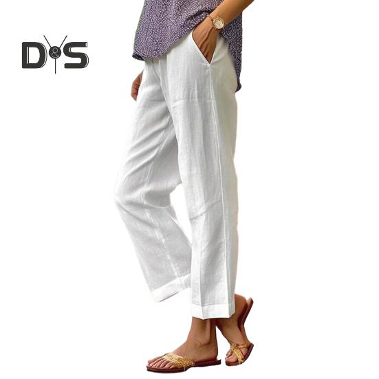 Женские брюки средней посадки с эластичной резинкой на талии, однотонные прямые широкие повседневные брюки с карманами