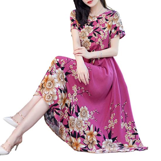 Женское платье-миди с круглым вырезом и короткими рукавами, высокой талией и поясом с цветочным принтом, женское платье трапециевидной формы среднего возраста, уличная одежда