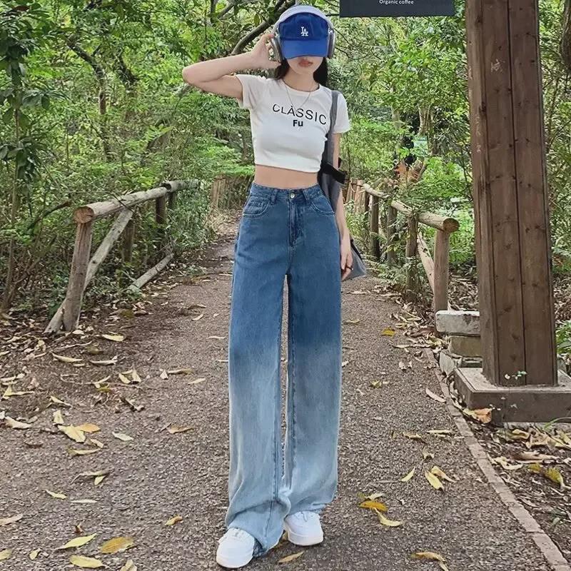 Женские широкие джинсы с высокой талией и градиентом черного цвета (Летняя коллекция 2024 г.)